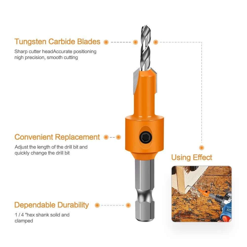 Hexagonal shank woodworking countersunk head drill, hidden screw hole double-edged drilling countersunk head drill